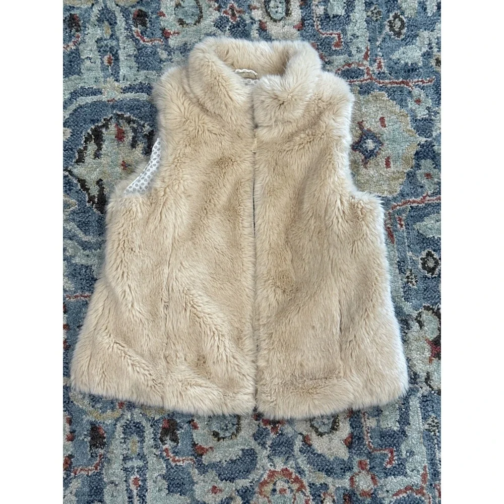 Zara Faux Fur Vest Girls 9/10 Cream Tan Zip Up Polka Dot EUC